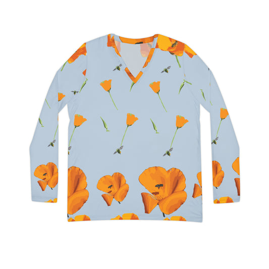 Poppies and Bees Women's Long Sleeve V-neck Shirt