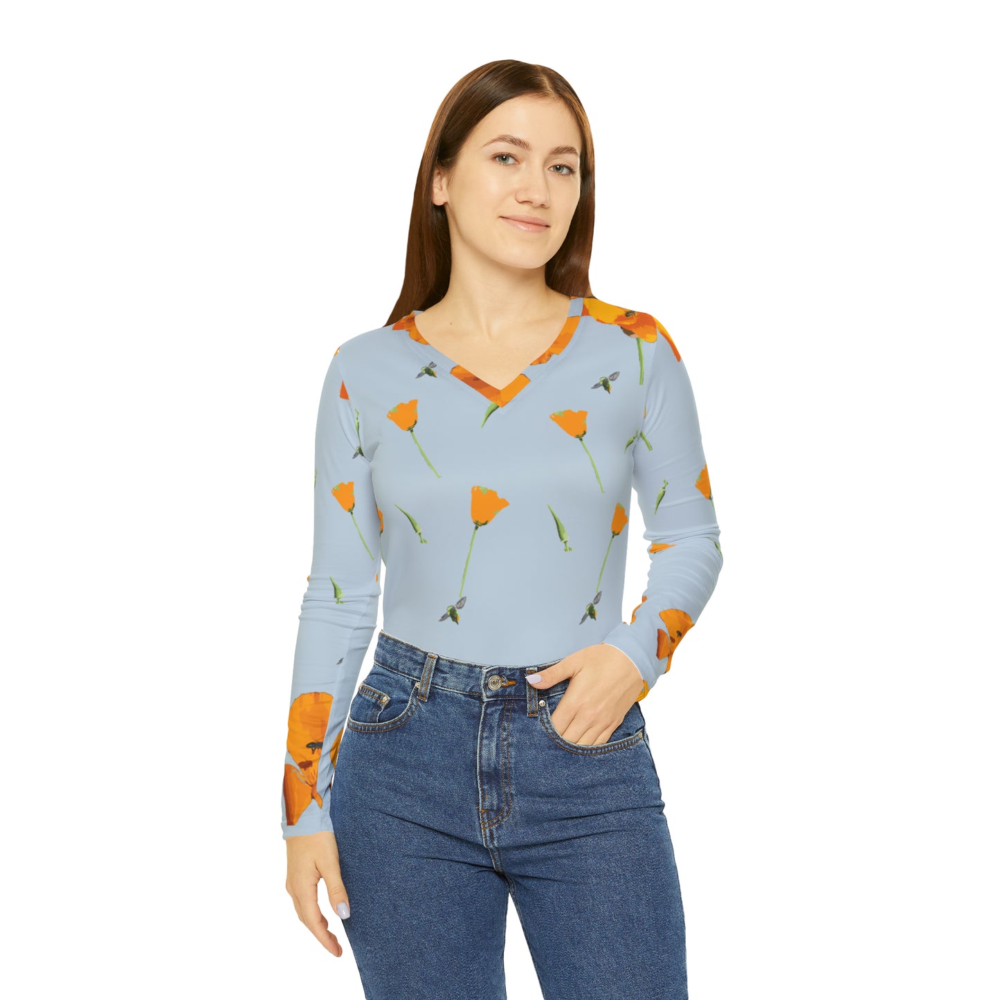 Poppies and Bees Women's Long Sleeve V-neck Shirt